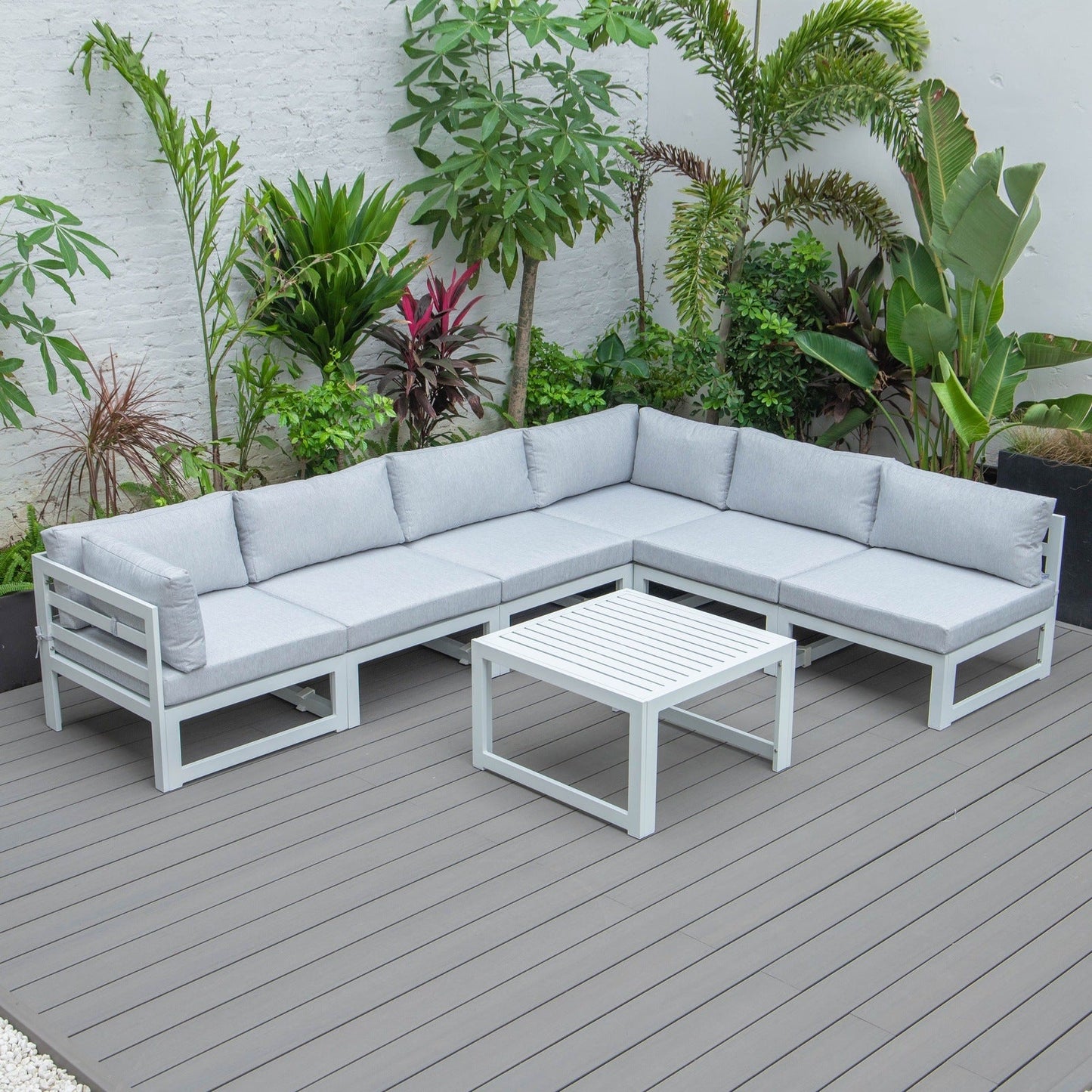 Chelsea 7-Piece Patio Sectional And Coffee Table Set In White Aluminum With Cushions