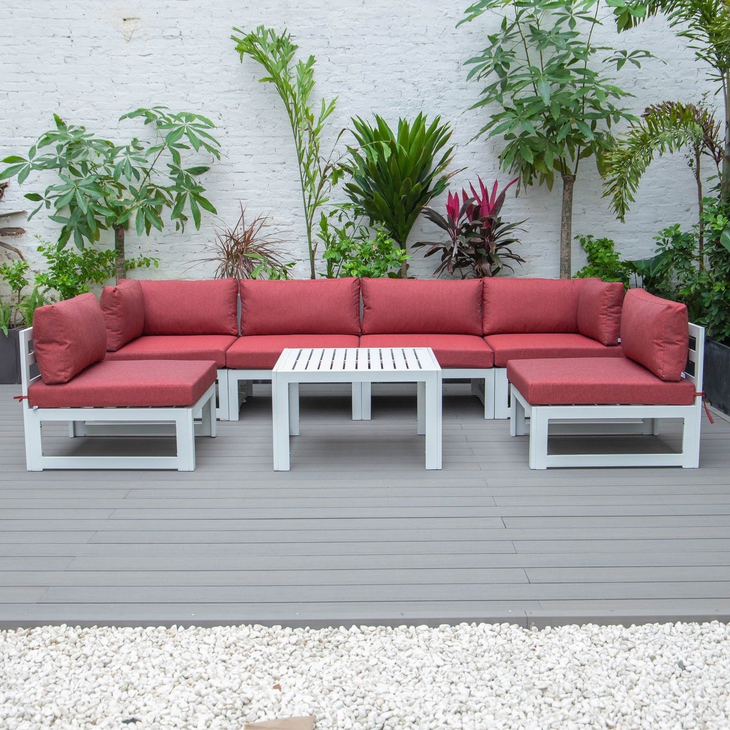 Chelsea 7-Piece Patio Sectional And Coffee Table Set In White Aluminum With Cushions