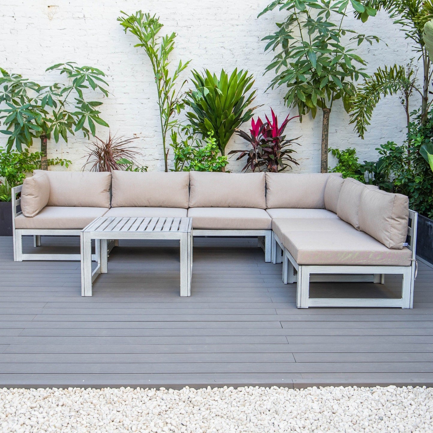 Chelsea 7-Piece Patio Sectional And Coffee Table Set In Weathered Grey Aluminum With Cushions
