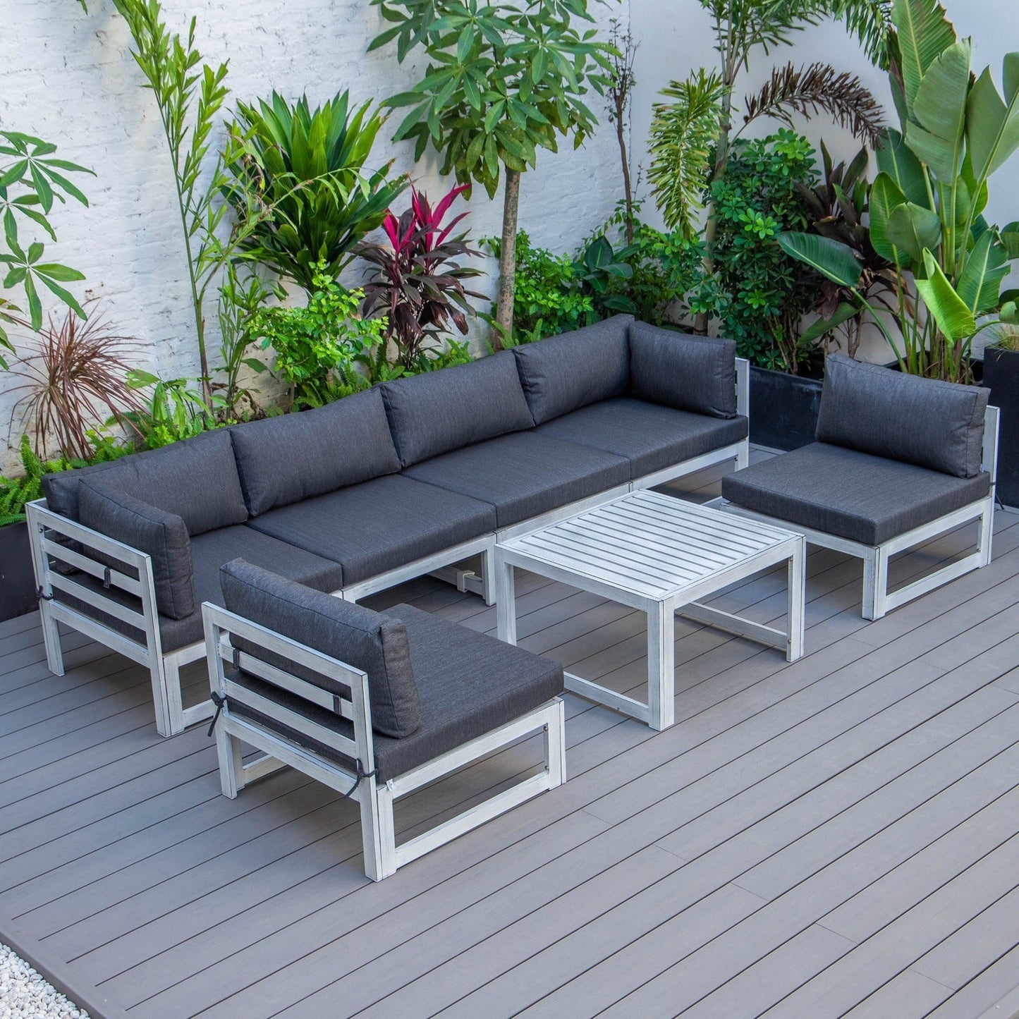 Chelsea 7-Piece Patio Sectional And Coffee Table Set In Weathered Grey Aluminum With Cushions