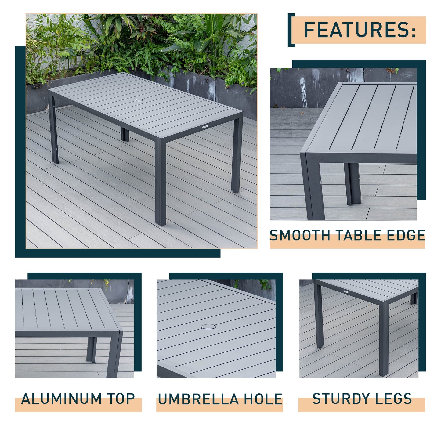 Chelsea Mid-Century Modern 63" & 87" Rectangular Outdoor Dining Table, Black Aluminum