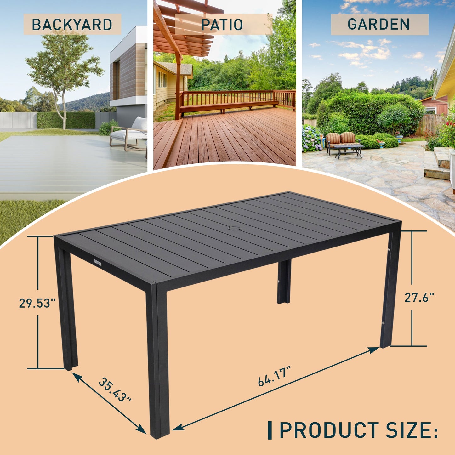 Chelsea Mid-Century Modern 63" & 87" Rectangular Outdoor Dining Table, Black Aluminum