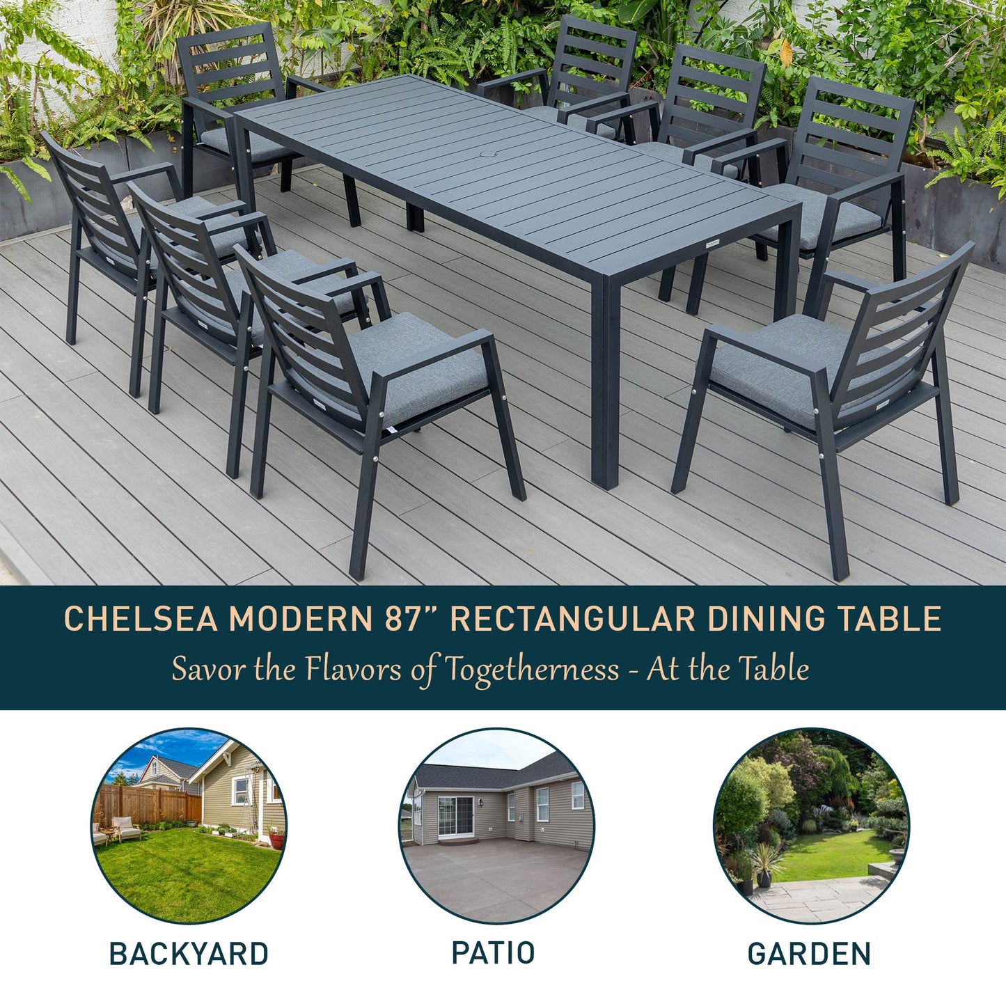 Chelsea Mid-Century Modern 63" & 87" Rectangular Outdoor Dining Table, Black Aluminum