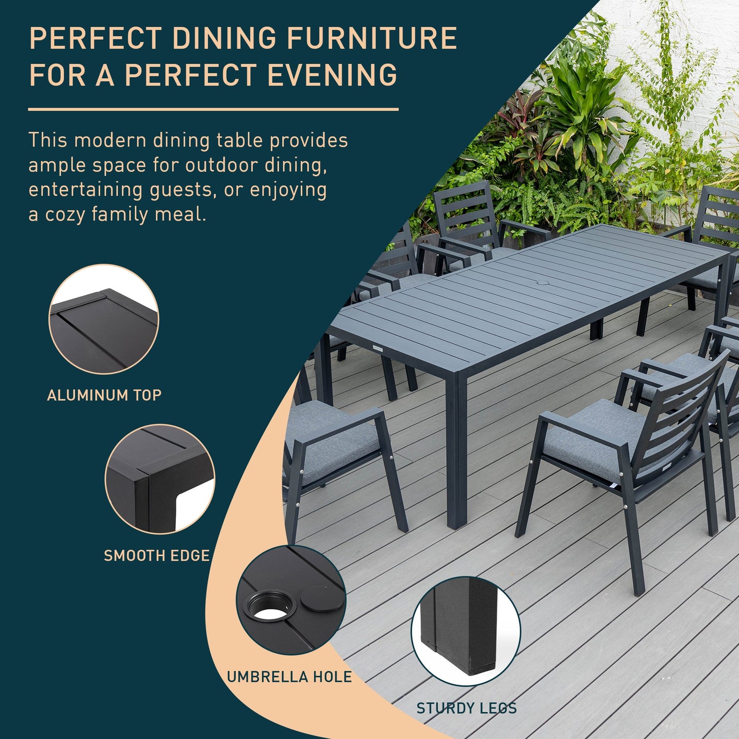 Chelsea Mid-Century Modern 63" & 87" Rectangular Outdoor Dining Table, Black Aluminum