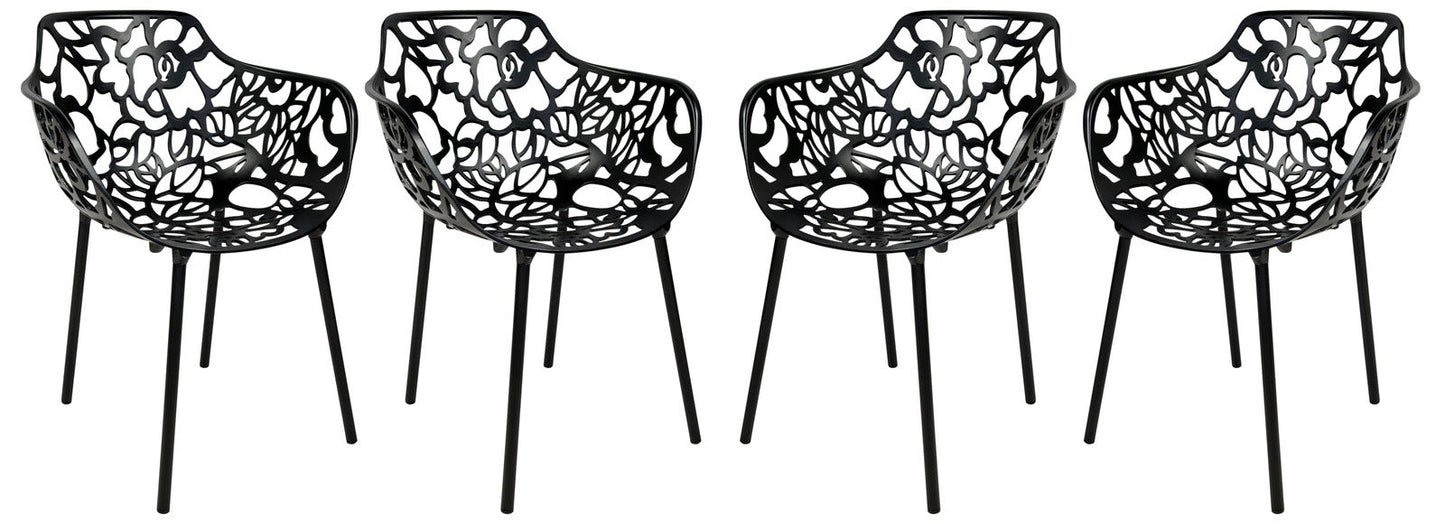 Devon Aluminum Indoor Outdoor Dining Armchairs with Flower Pattern and Stackable Design Set of 4