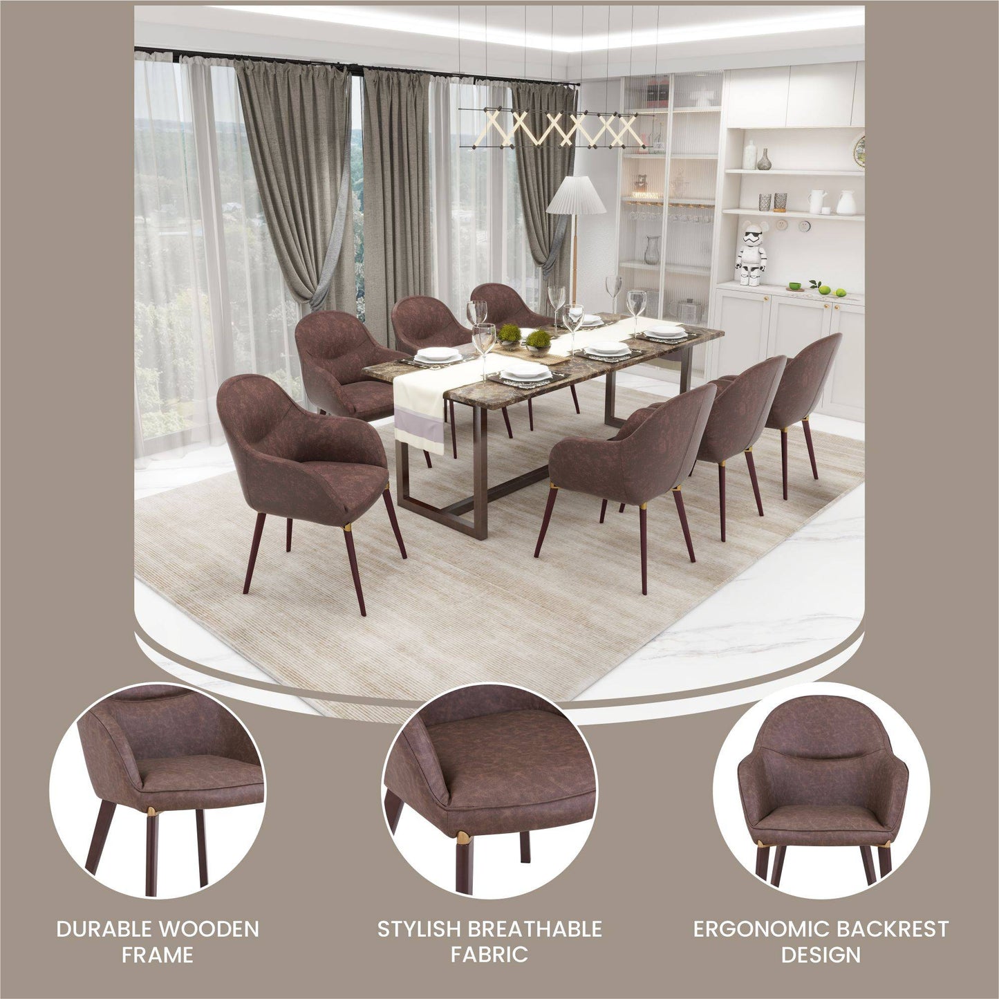 Elias Dining Chair Upholstered in Leather Velvet and Powder Coated Legs Set of 4