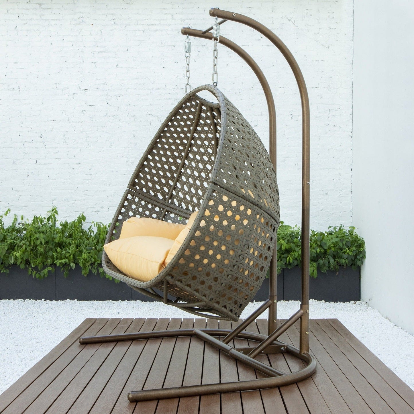Wicker Hanging Double Egg Beige Swing Chair with an Iron Base