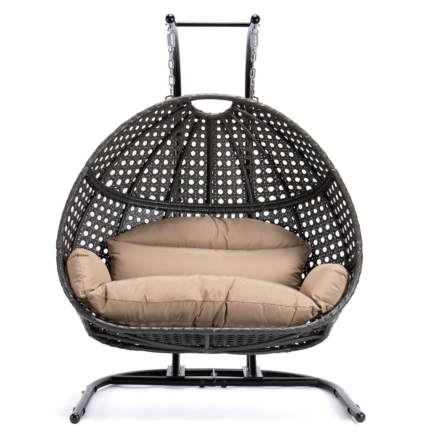 Wicker Hanging Double Egg Charcoal Swing Chair with an Iron Base
