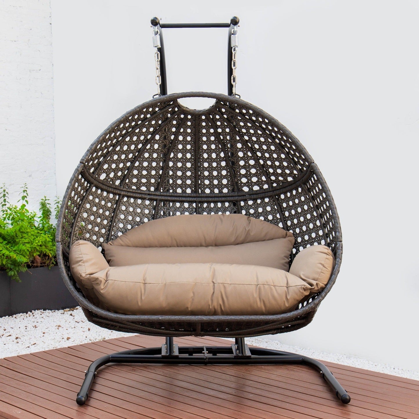 Wicker Hanging Double Egg Charcoal Swing Chair with an Iron Base