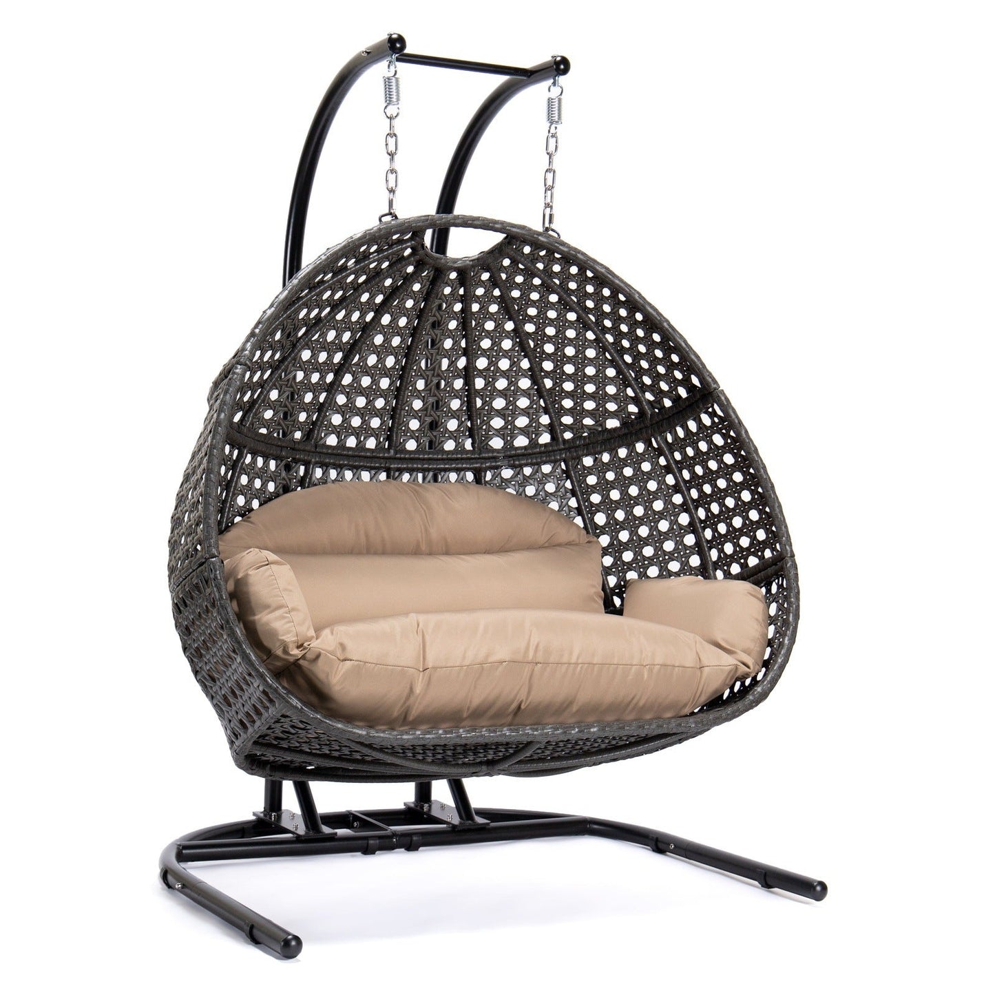 Wicker Hanging Double Egg Charcoal Swing Chair with an Iron Base