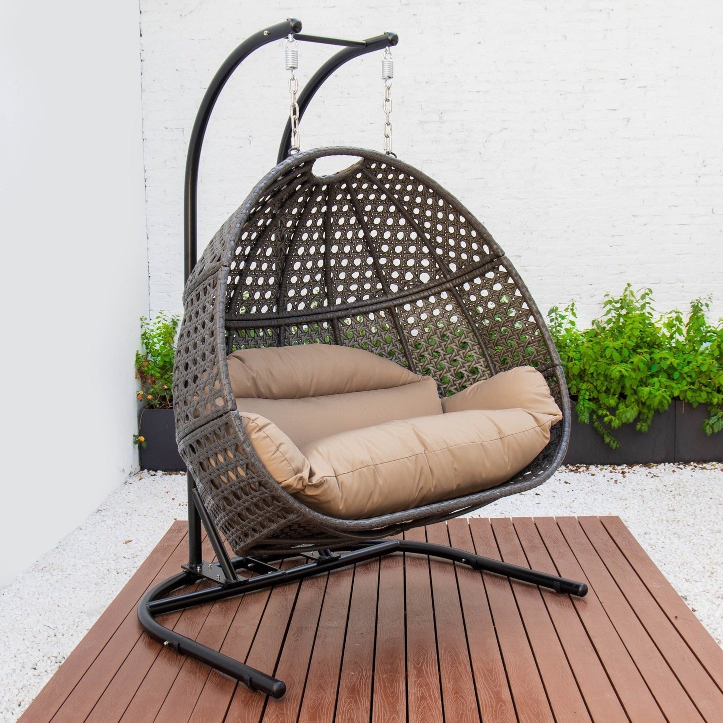 Wicker Hanging Double Egg Charcoal Swing Chair with an Iron Base