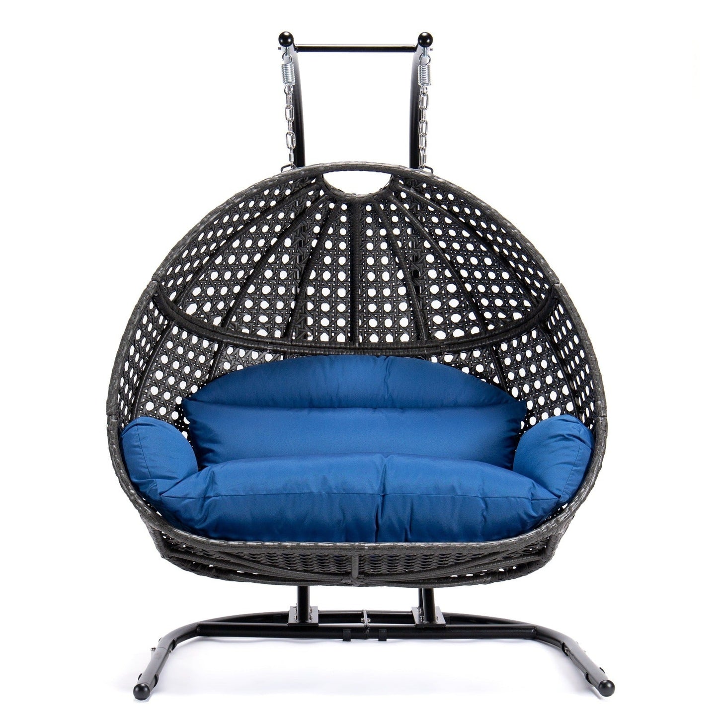 Wicker Hanging Double Egg Charcoal Swing Chair with an Iron Base