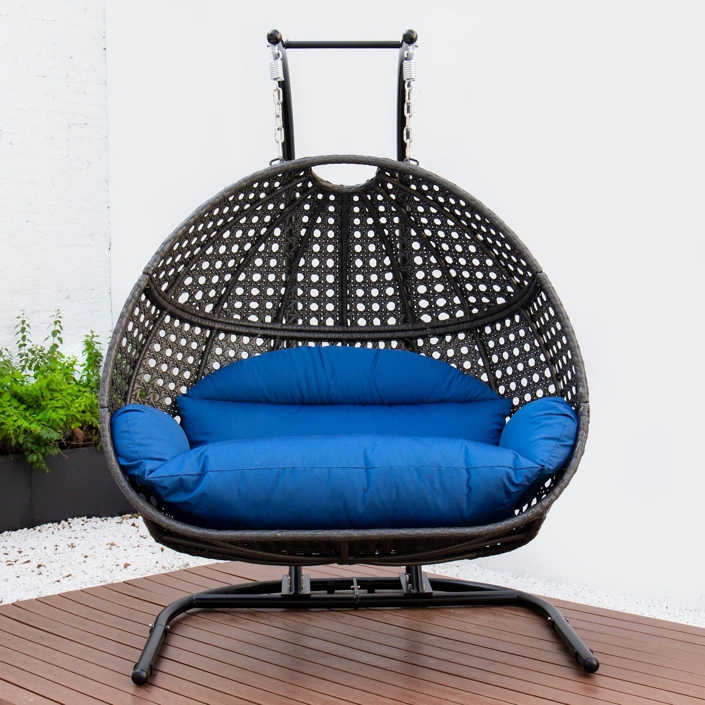Wicker Hanging Double Egg Charcoal Swing Chair with an Iron Base