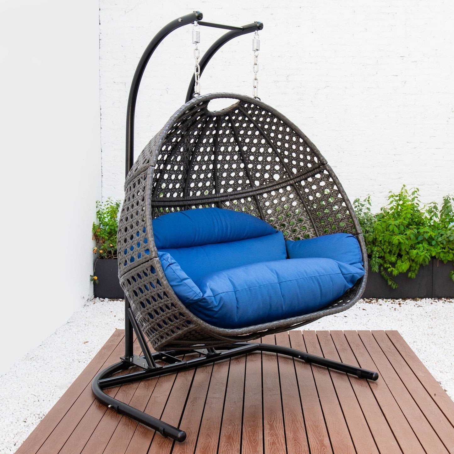 Wicker Hanging Double Egg Charcoal Swing Chair with an Iron Base
