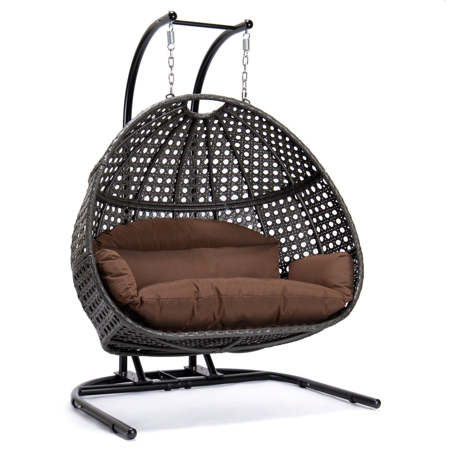 Wicker Hanging Double Egg Charcoal Swing Chair with an Iron Base