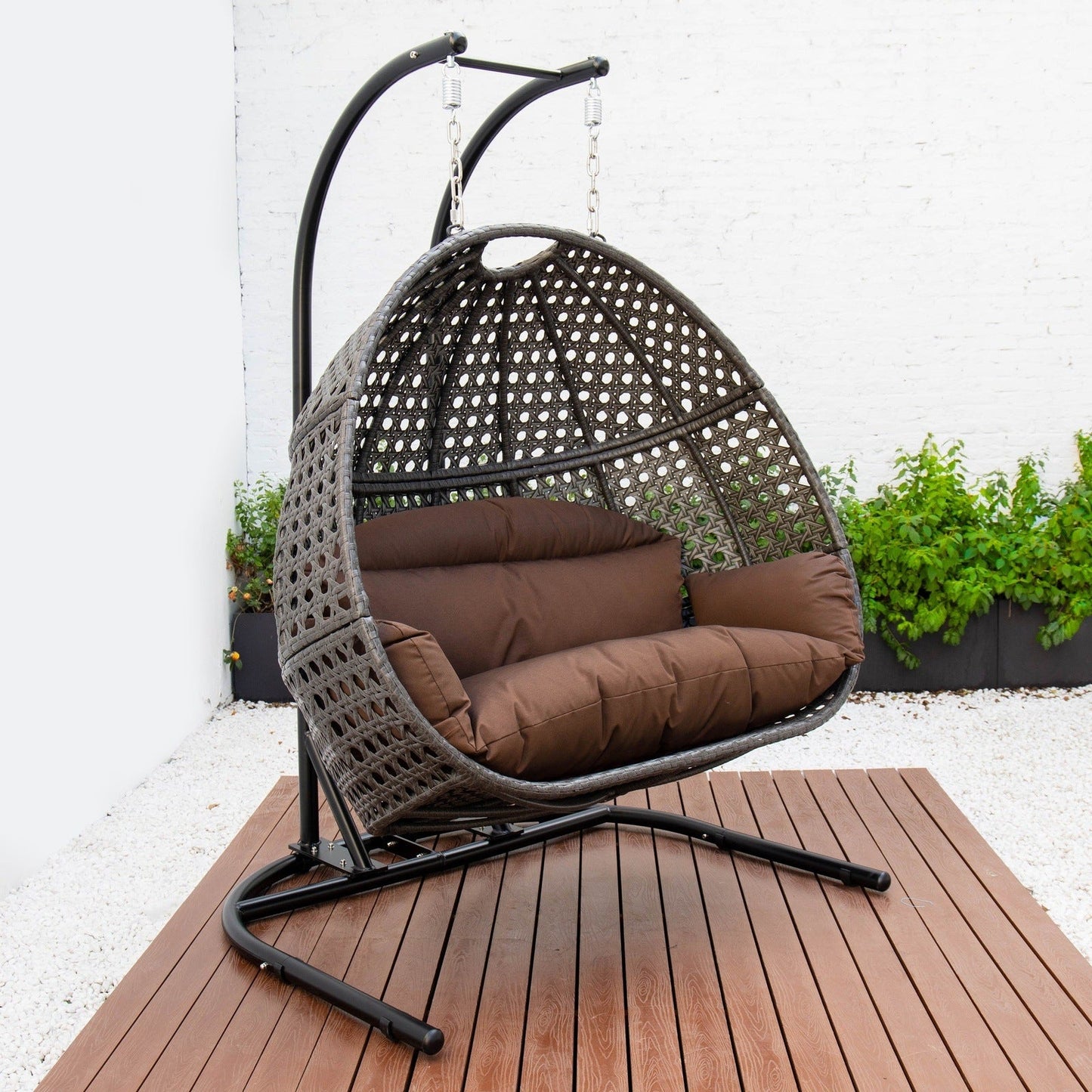 Wicker Hanging Double Egg Charcoal Swing Chair with an Iron Base