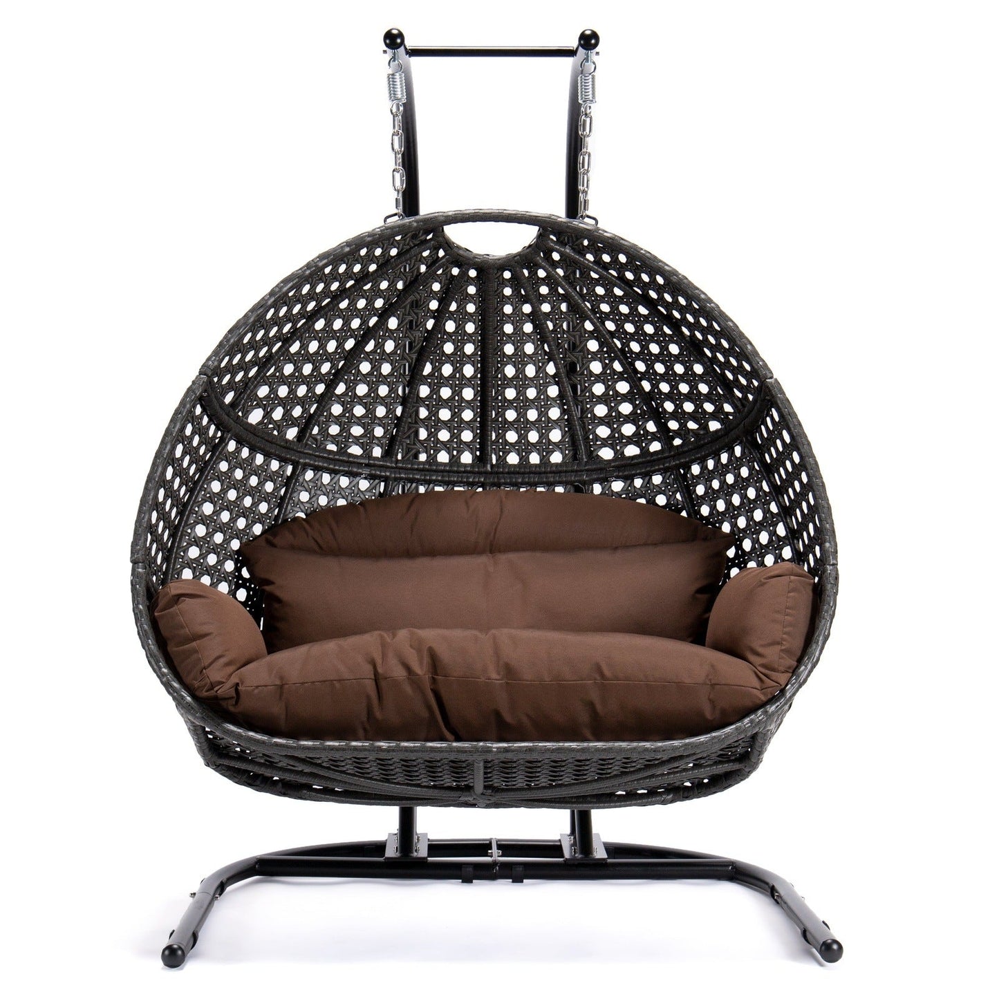 Wicker Hanging Double Egg Charcoal Swing Chair with an Iron Base