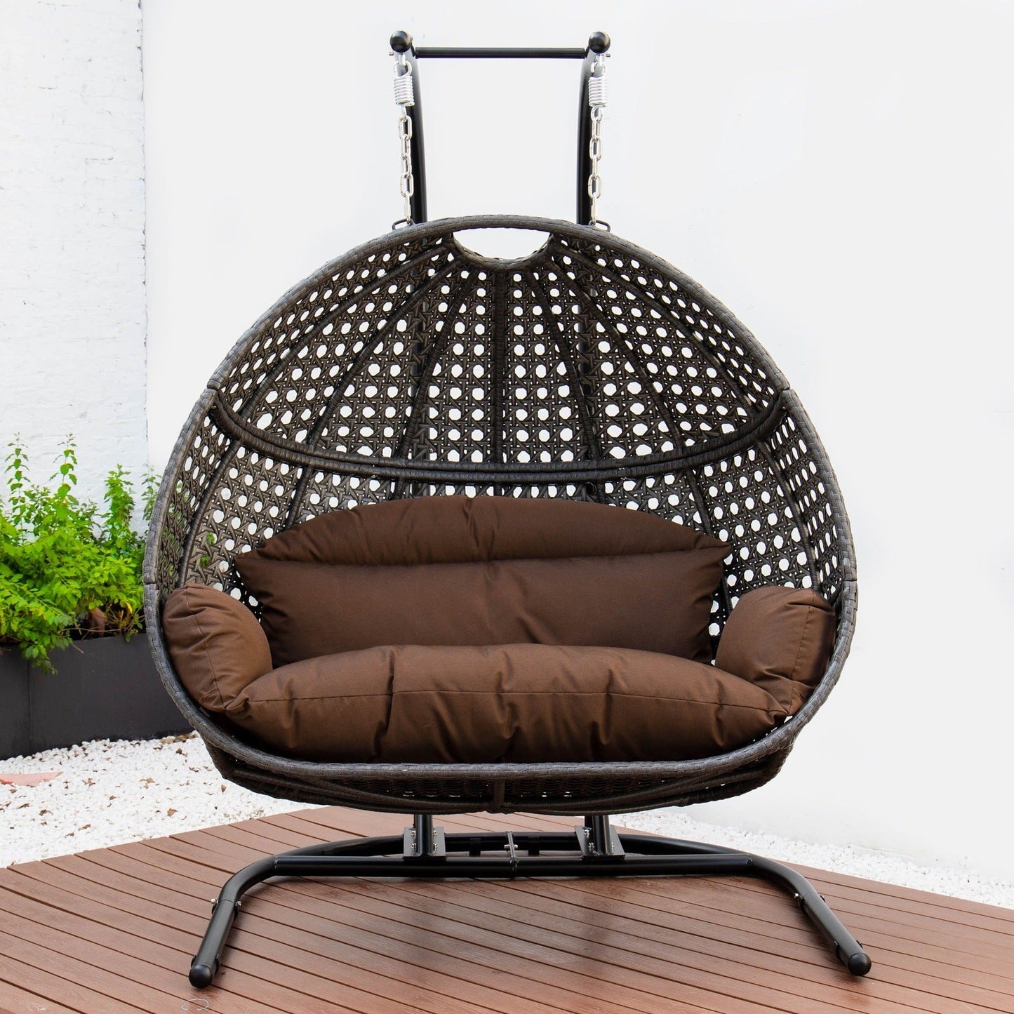 Wicker Hanging Double Egg Charcoal Swing Chair with an Iron Base