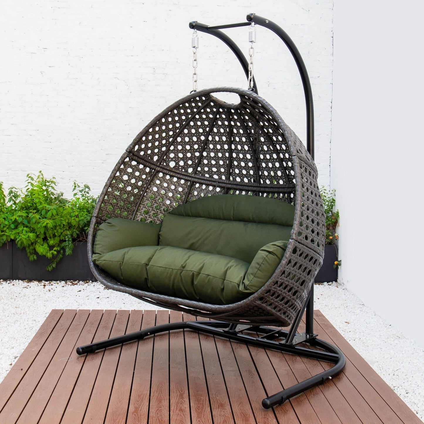 Wicker Hanging Double Egg Charcoal Swing Chair with an Iron Base