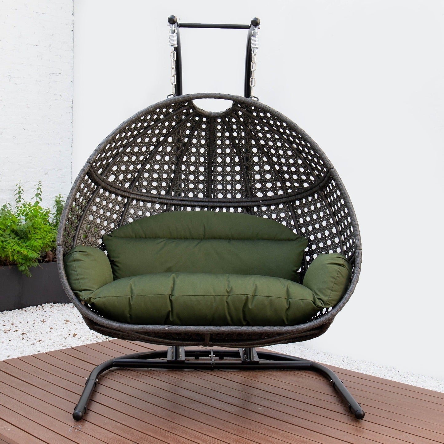 Wicker Hanging Double Egg Charcoal Swing Chair with an Iron Base