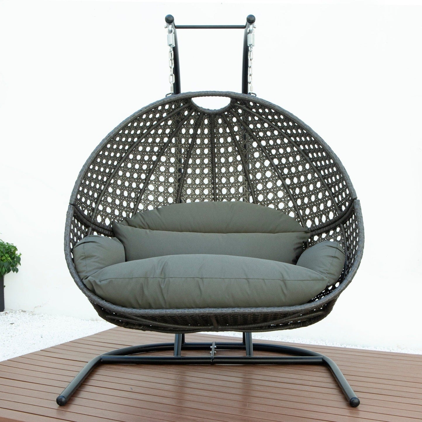 Wicker Hanging Double Egg Charcoal Swing Chair with an Iron Base