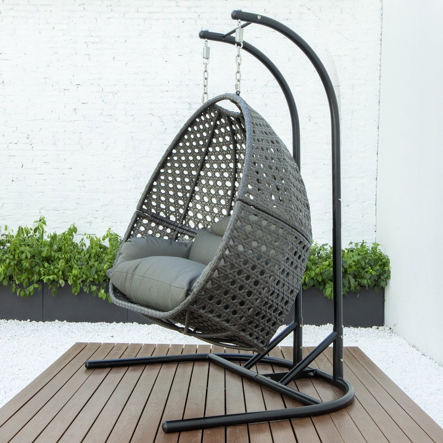 Wicker Hanging Double Egg Charcoal Swing Chair with an Iron Base