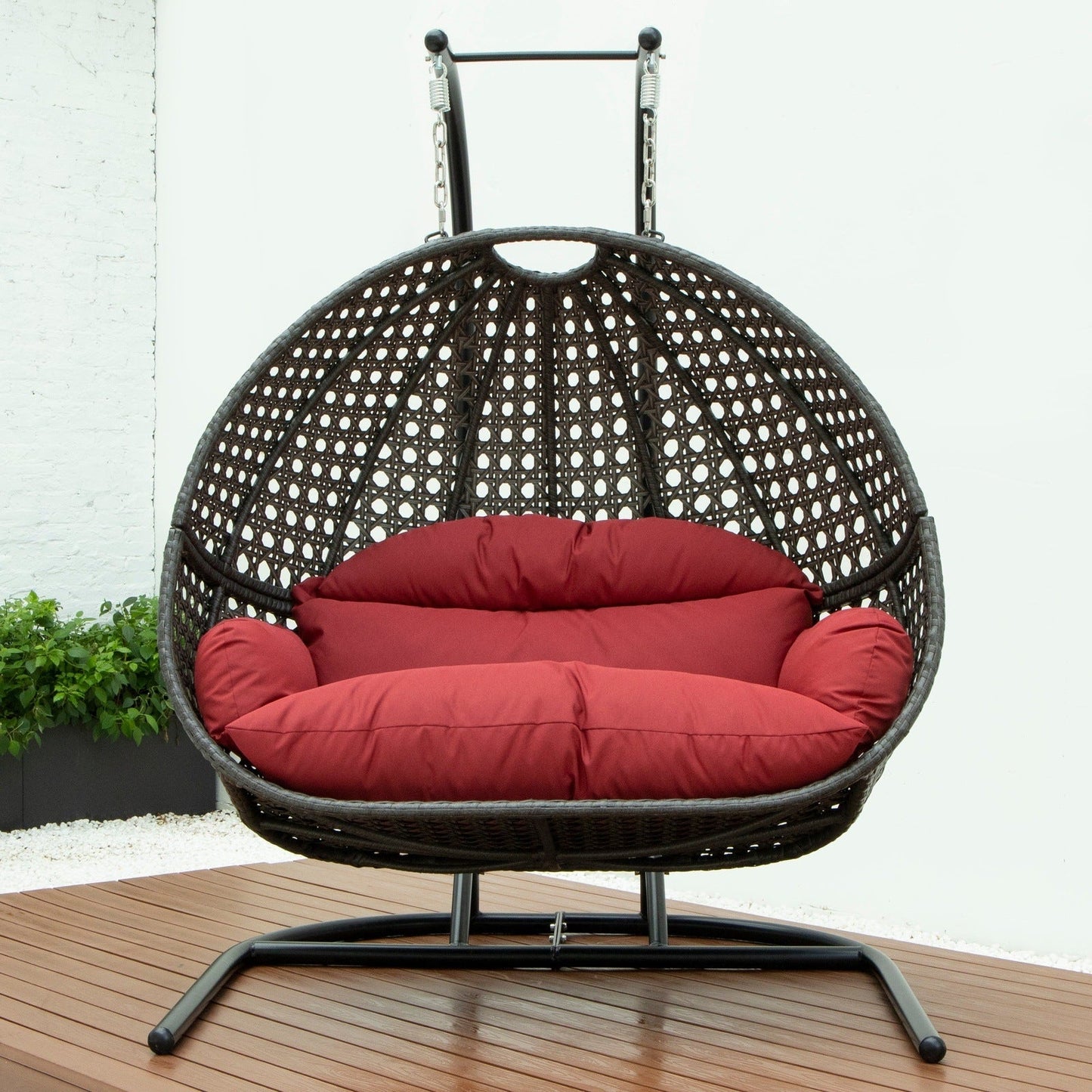 Wicker Hanging Double Egg Charcoal Swing Chair with an Iron Base