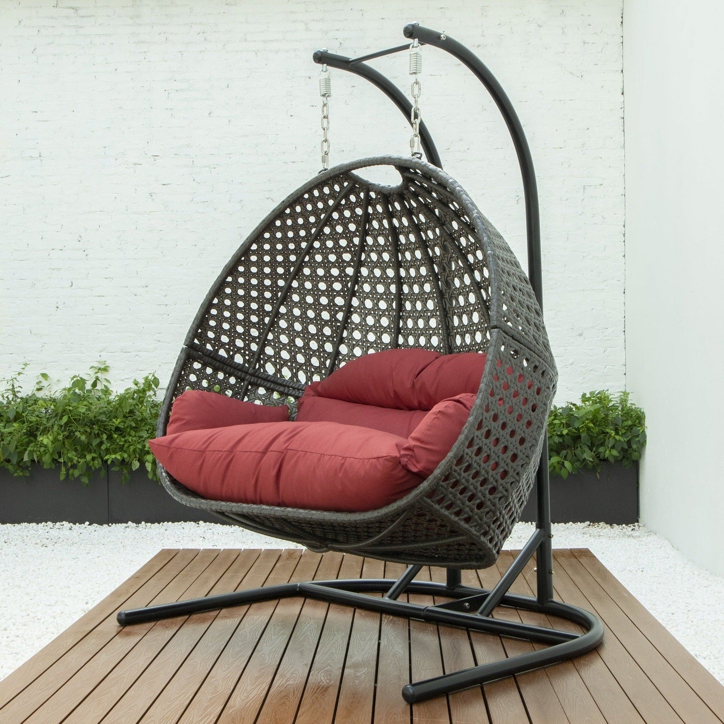 Wicker Hanging Double Egg Charcoal Swing Chair with an Iron Base