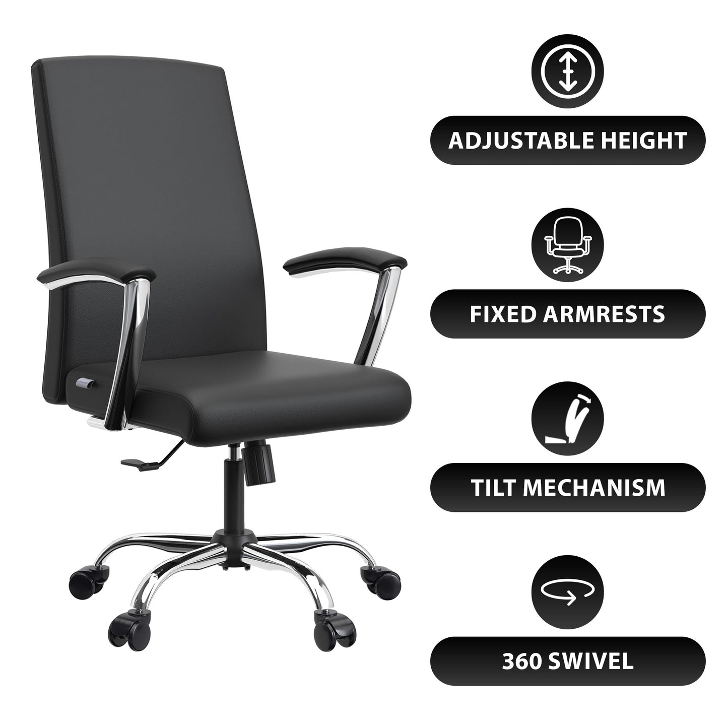 Evander Modern Swivel Office Chair in Faux Leather with Adjustable Height and Silver Frame
