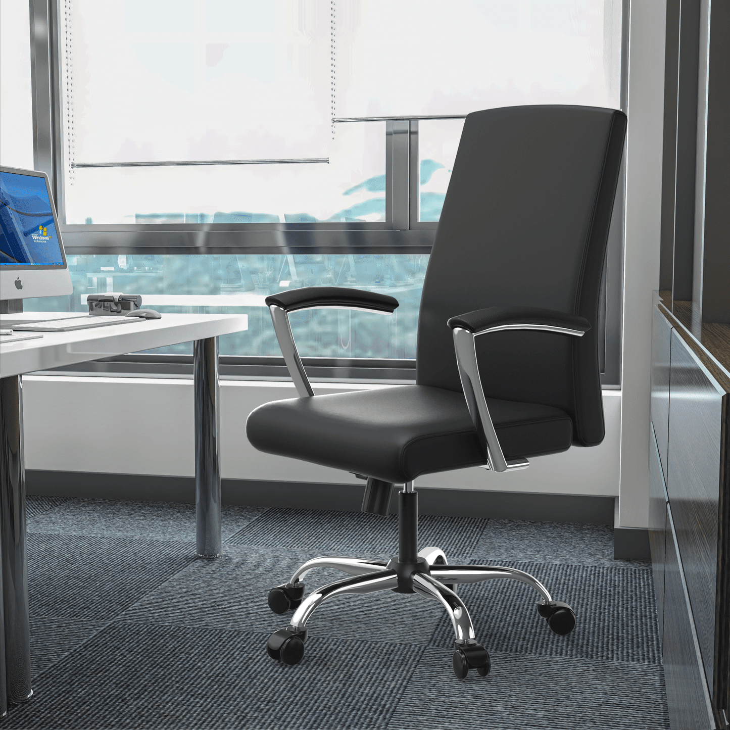 Evander Modern Swivel Office Chair in Faux Leather with Adjustable Height and Silver Frame