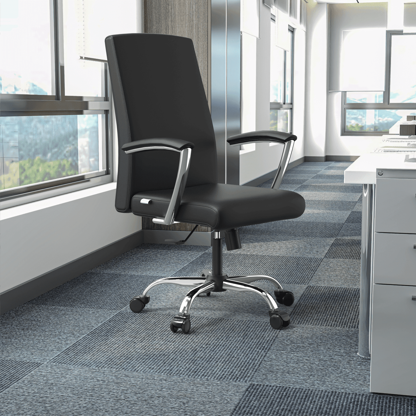 Evander Modern Swivel Office Chair in Faux Leather with Adjustable Height and Silver Frame