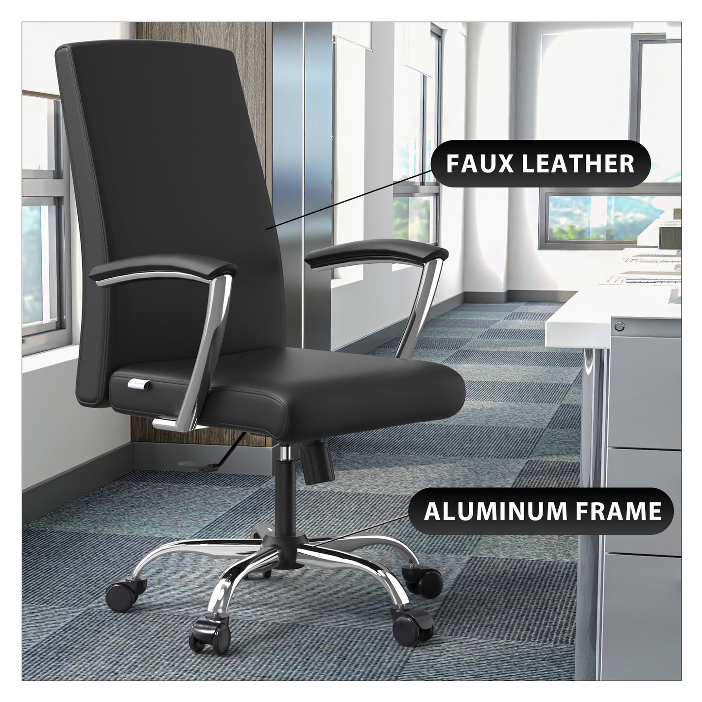 Evander Modern Swivel Office Chair in Faux Leather with Adjustable Height and Silver Frame