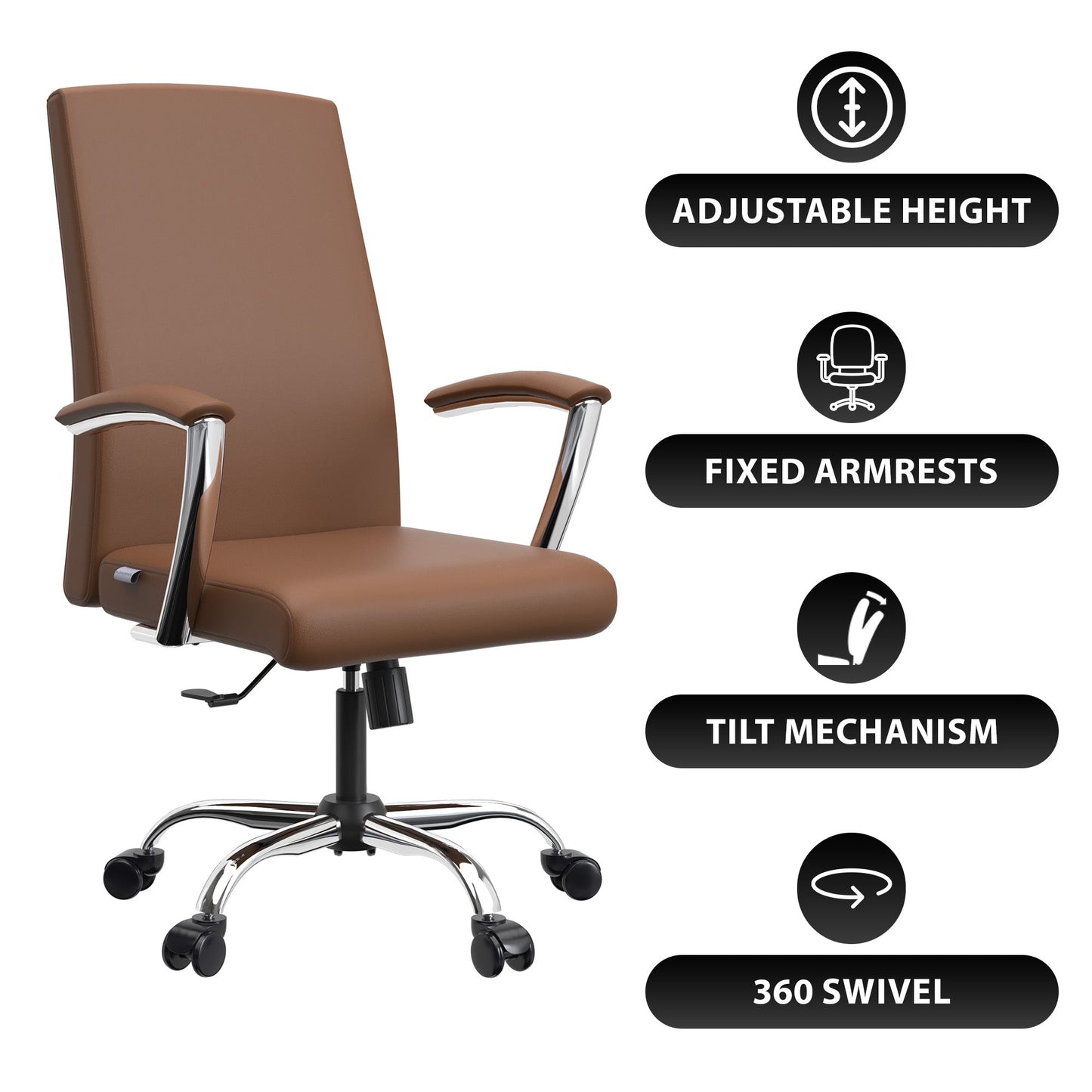 Evander Modern Swivel Office Chair in Faux Leather with Adjustable Height and Silver Frame