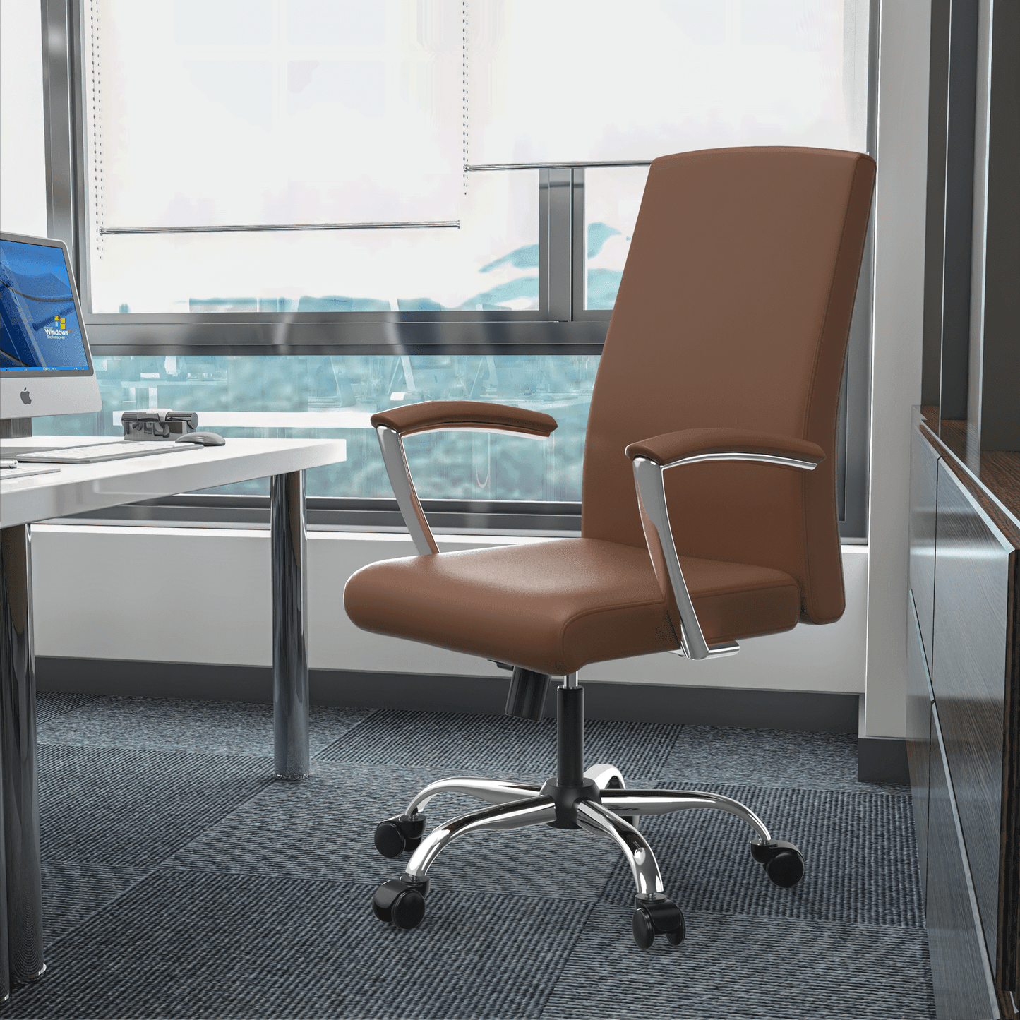 Evander Modern Swivel Office Chair in Faux Leather with Adjustable Height and Silver Frame