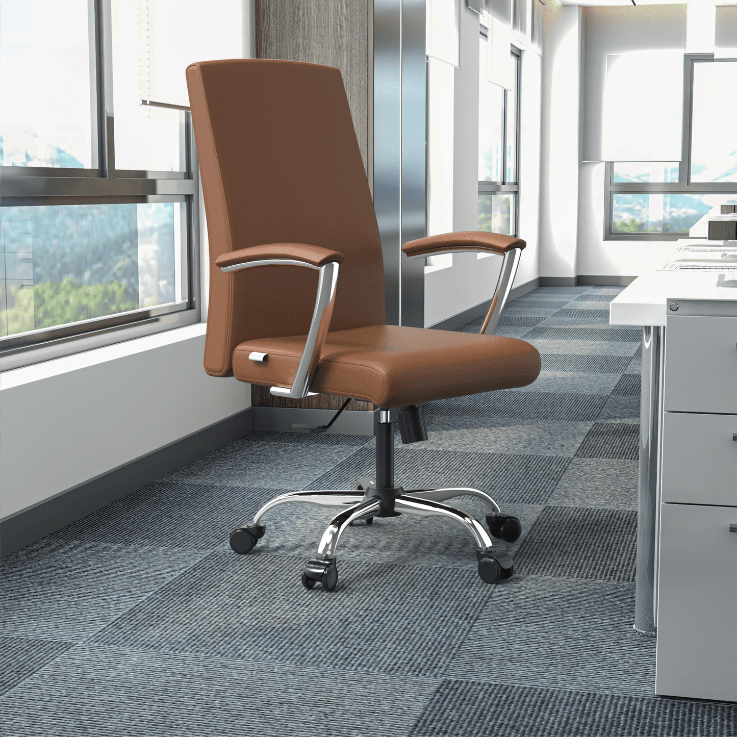 Evander Modern Swivel Office Chair in Faux Leather with Adjustable Height and Silver Frame