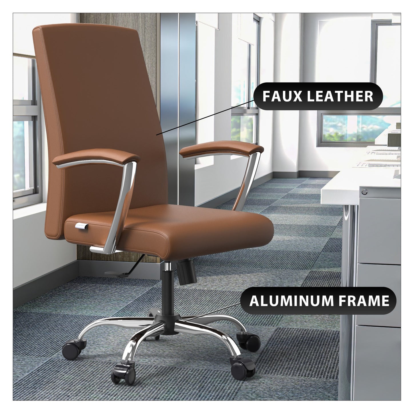 Evander Modern Swivel Office Chair in Faux Leather with Adjustable Height and Silver Frame