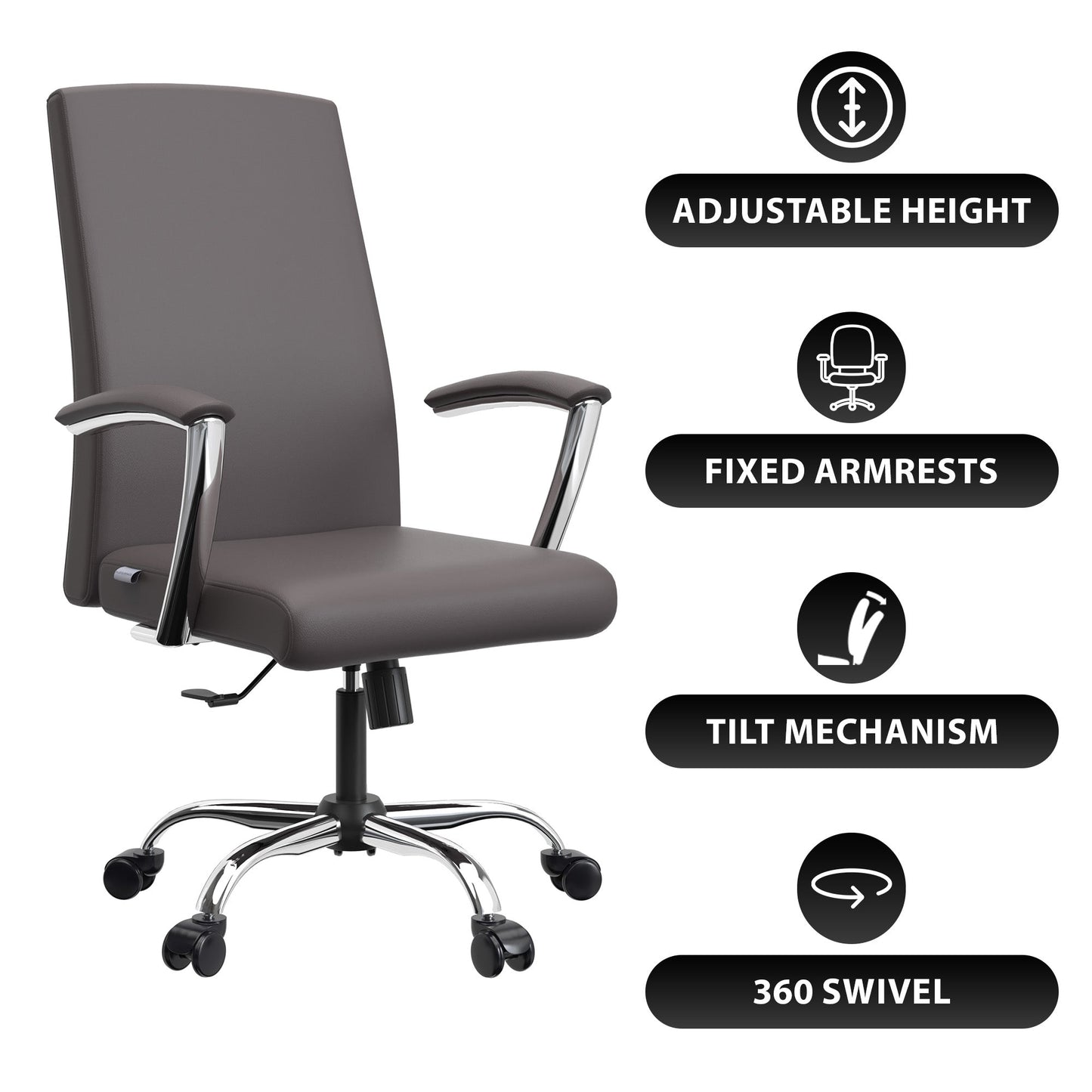 Evander Modern Swivel Office Chair in Faux Leather with Adjustable Height and Silver Frame