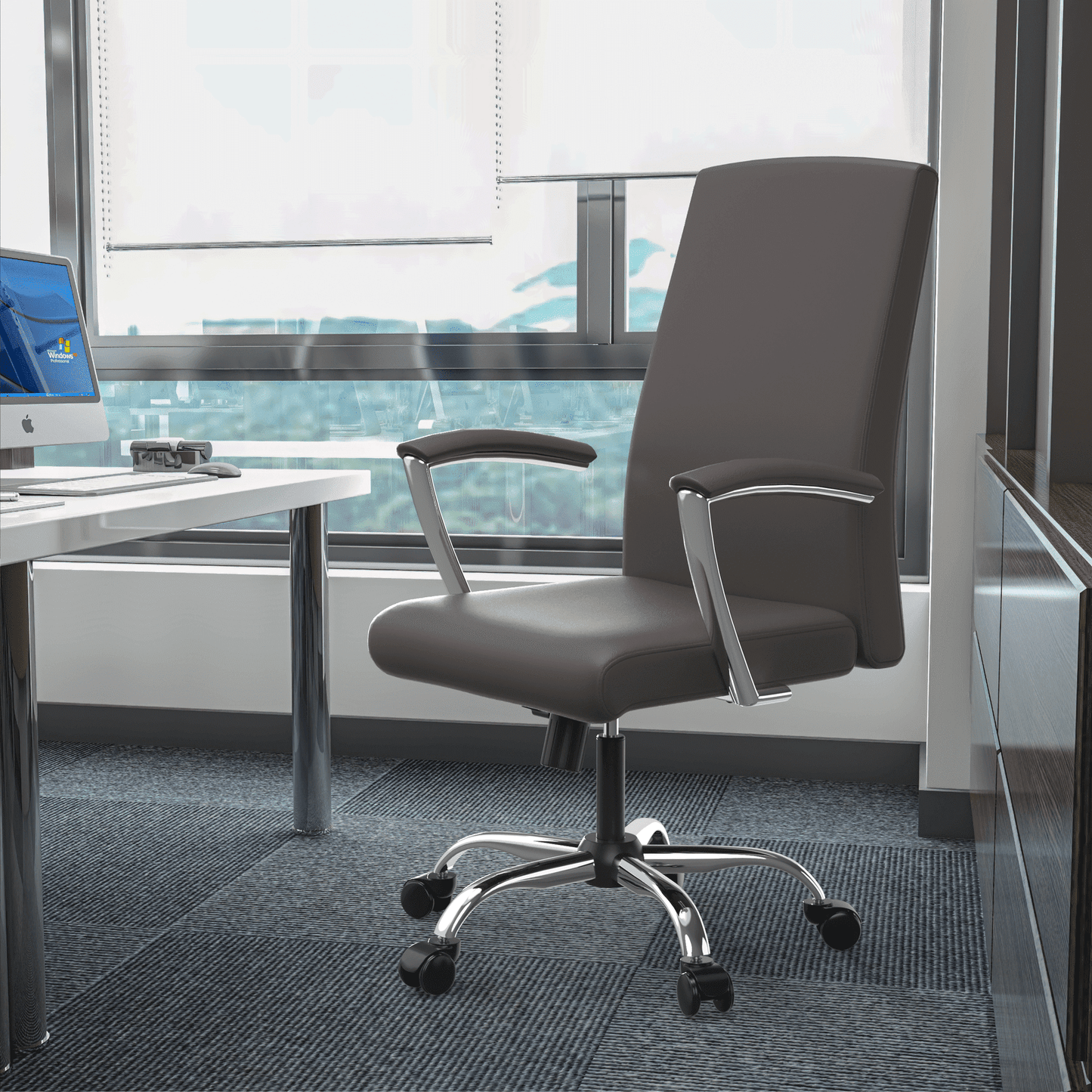 Evander Modern Swivel Office Chair in Faux Leather with Adjustable Height and Silver Frame