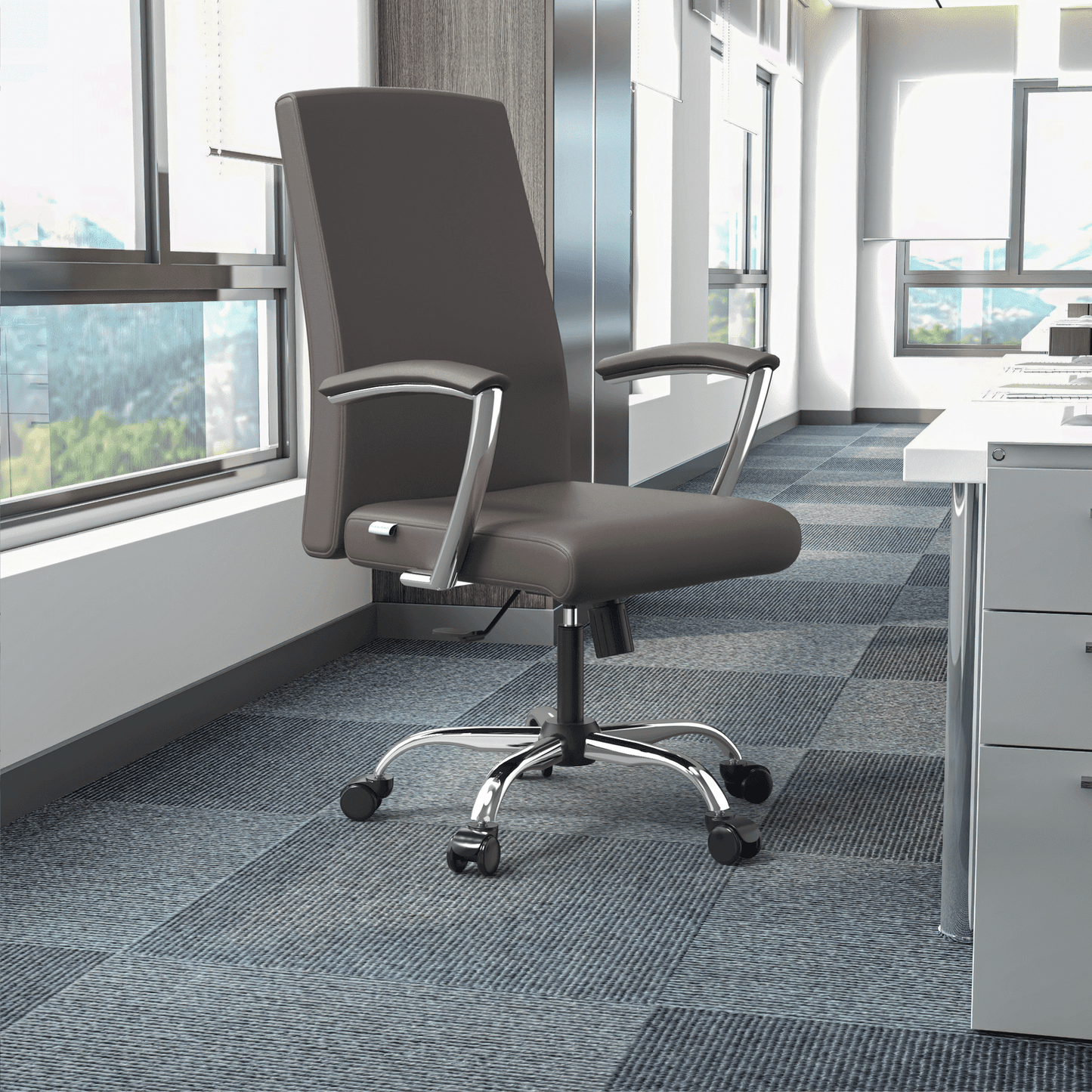 Evander Modern Swivel Office Chair in Faux Leather with Adjustable Height and Silver Frame