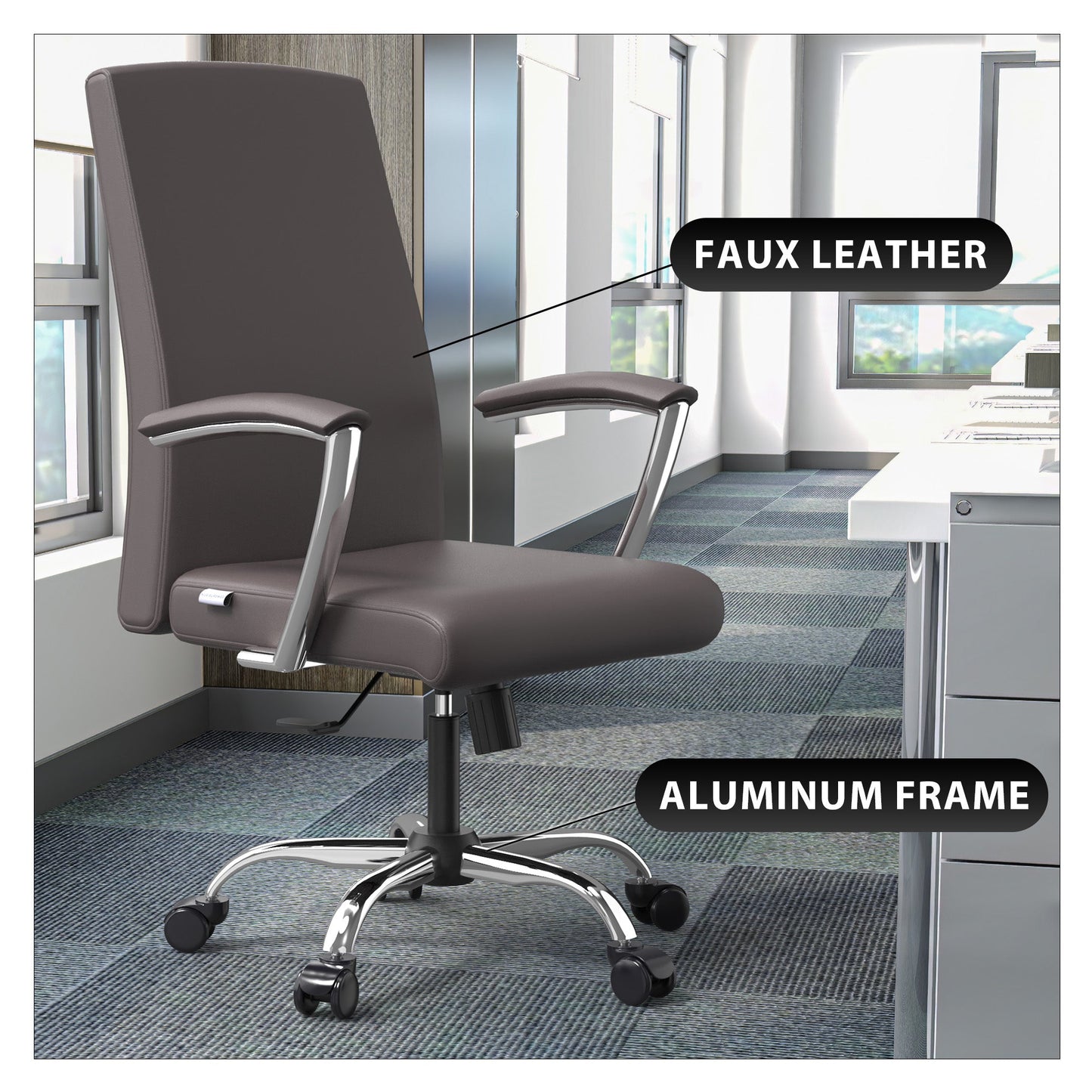 Evander Modern Swivel Office Chair in Faux Leather with Adjustable Height and Silver Frame