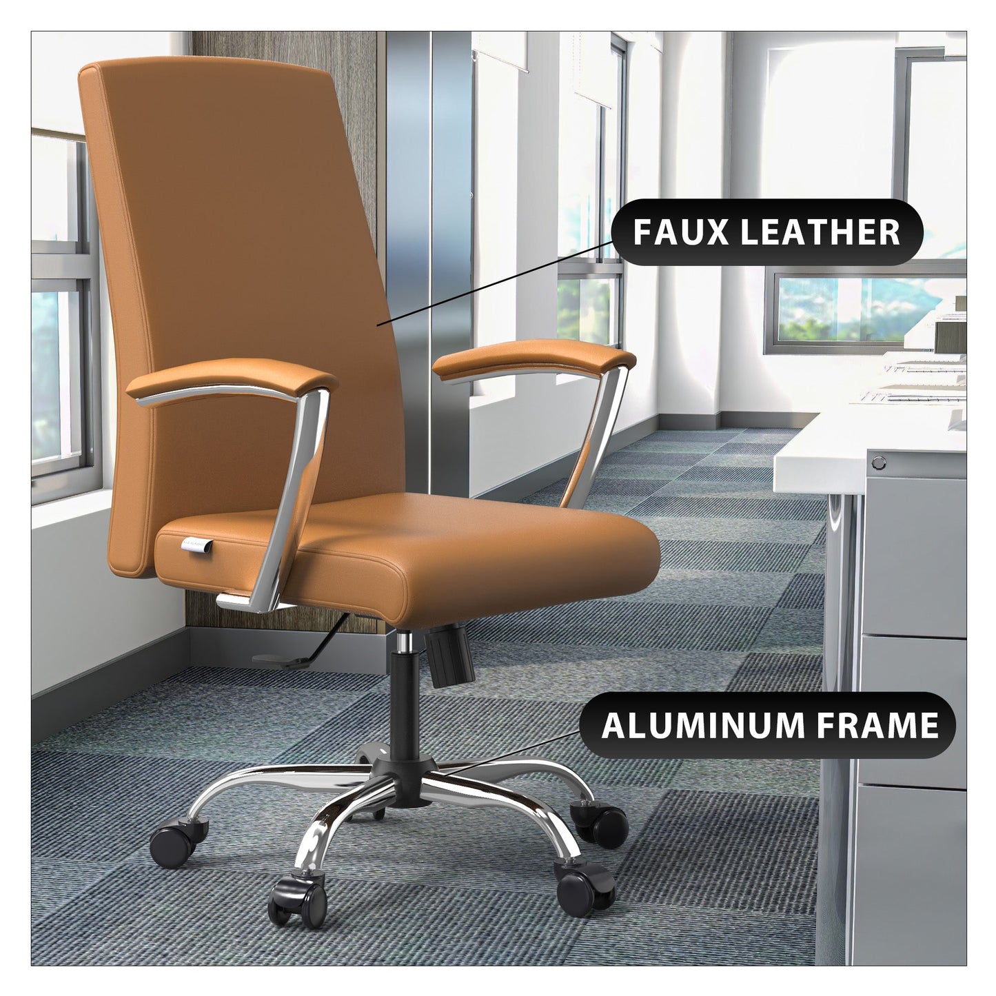 Evander Modern Swivel Office Chair in Faux Leather with Adjustable Height and Silver Frame