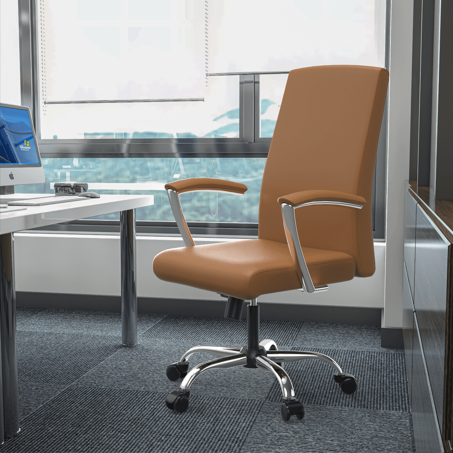 Evander Modern Swivel Office Chair in Faux Leather with Adjustable Height and Silver Frame