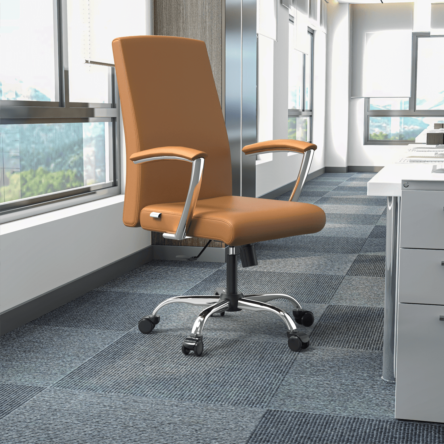 Evander Modern Swivel Office Chair in Faux Leather with Adjustable Height and Silver Frame