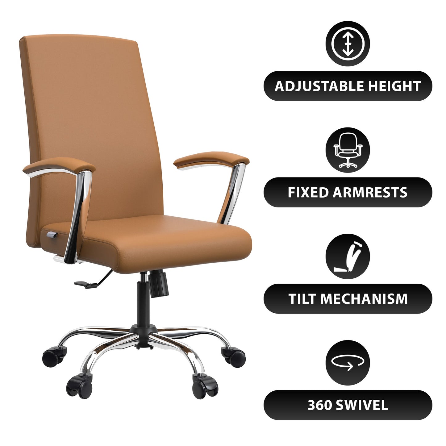 Evander Modern Swivel Office Chair in Faux Leather with Adjustable Height and Silver Frame