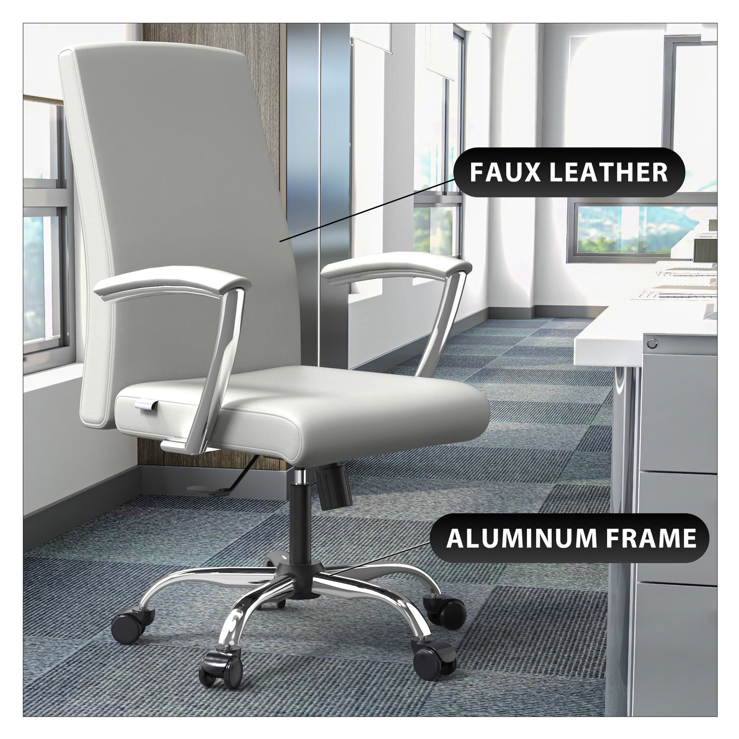Evander Modern Swivel Office Chair in Faux Leather with Adjustable Height and Silver Frame