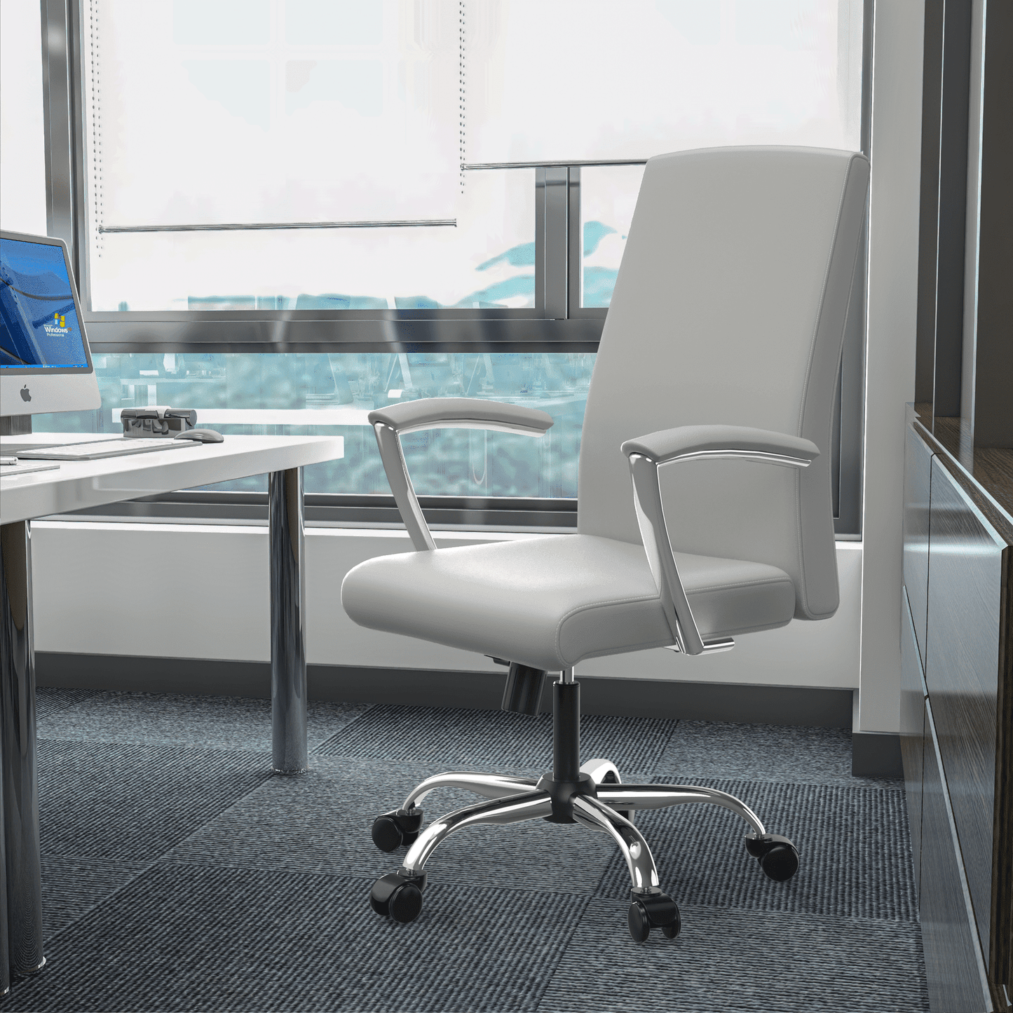 Evander Modern Swivel Office Chair in Faux Leather with Adjustable Height and Silver Frame