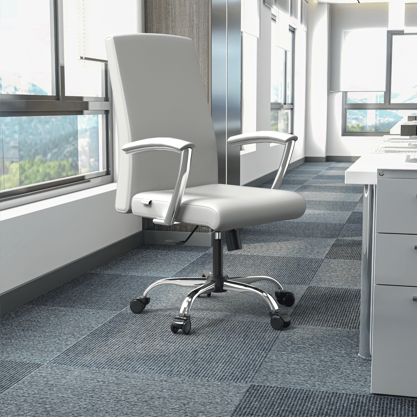 Evander Modern Swivel Office Chair in Faux Leather with Adjustable Height and Silver Frame