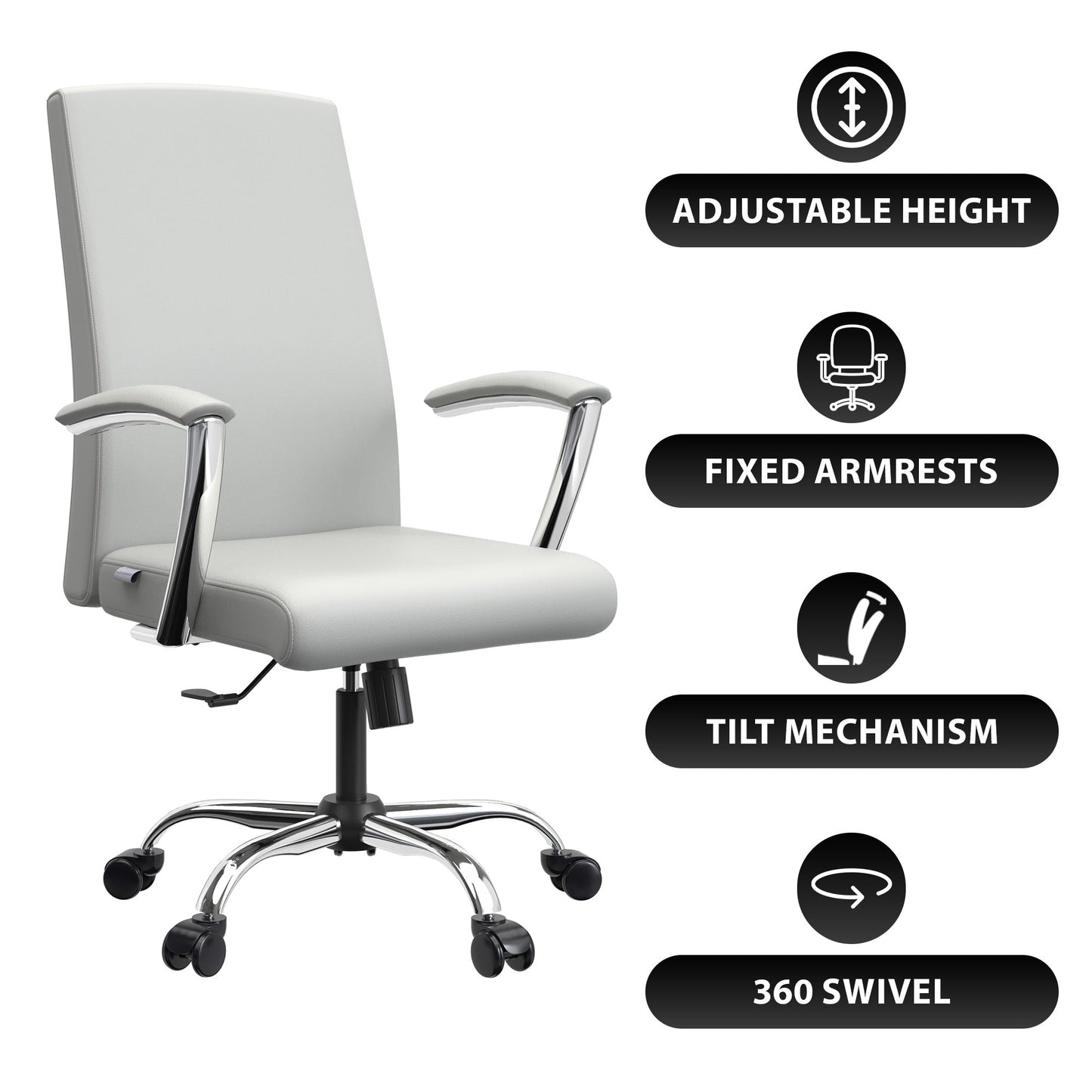 Evander Modern Swivel Office Chair in Faux Leather with Adjustable Height and Silver Frame