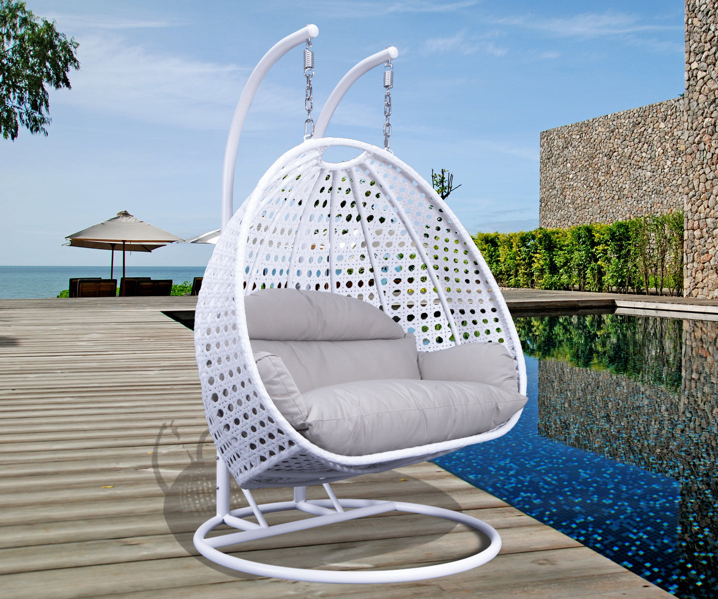 Modern White Wicker Hanging Double Seater Egg Swing Chair