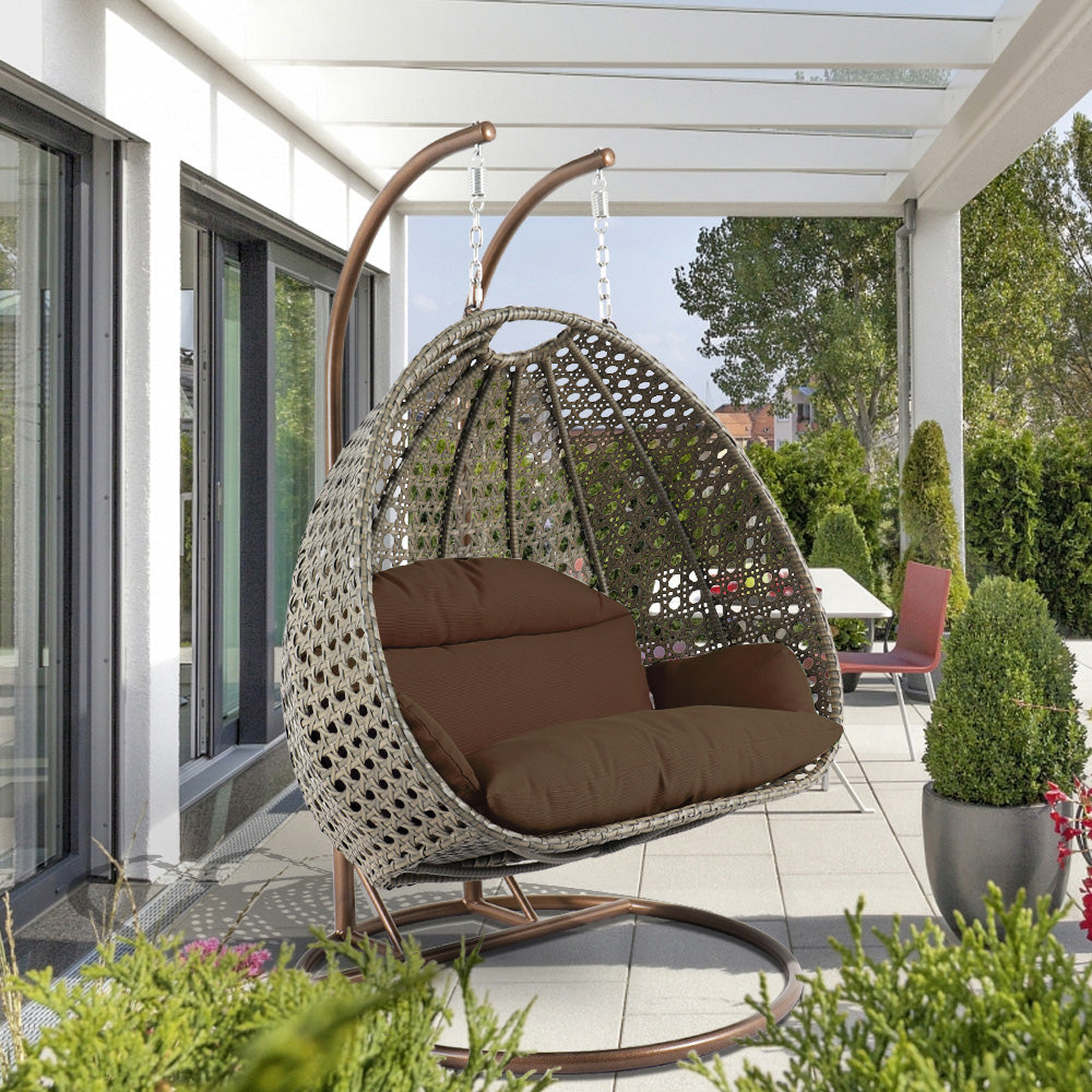 Modern Beige Wicker Hanging Double Seater Egg Swing Chair